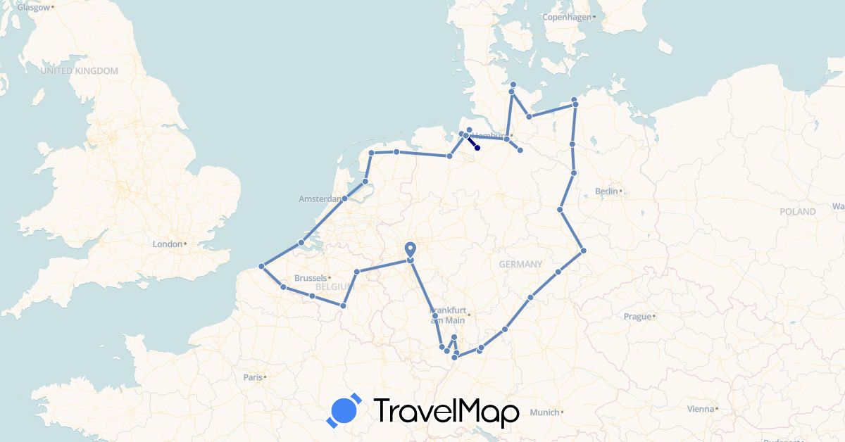 TravelMap itinerary: driving, cycling in Belgium, Germany, France, Netherlands (Europe)